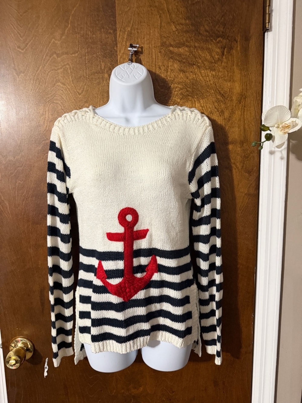 VENUS Cream, Black & Red Striped Anchor Sweater